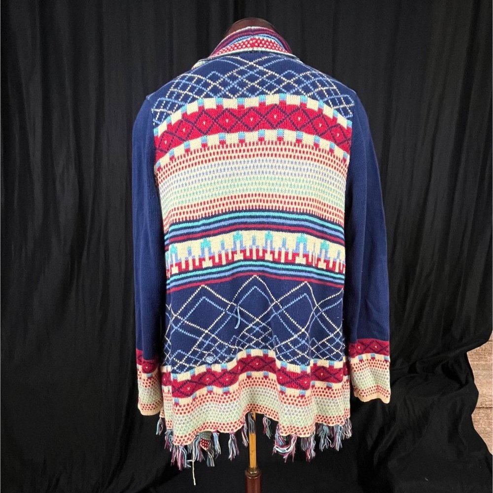 Wrangler Blanket Sweater Cardigan Southwest Geometric Plaid‎ Design Fringe Sz LG - Picture 3 of 8